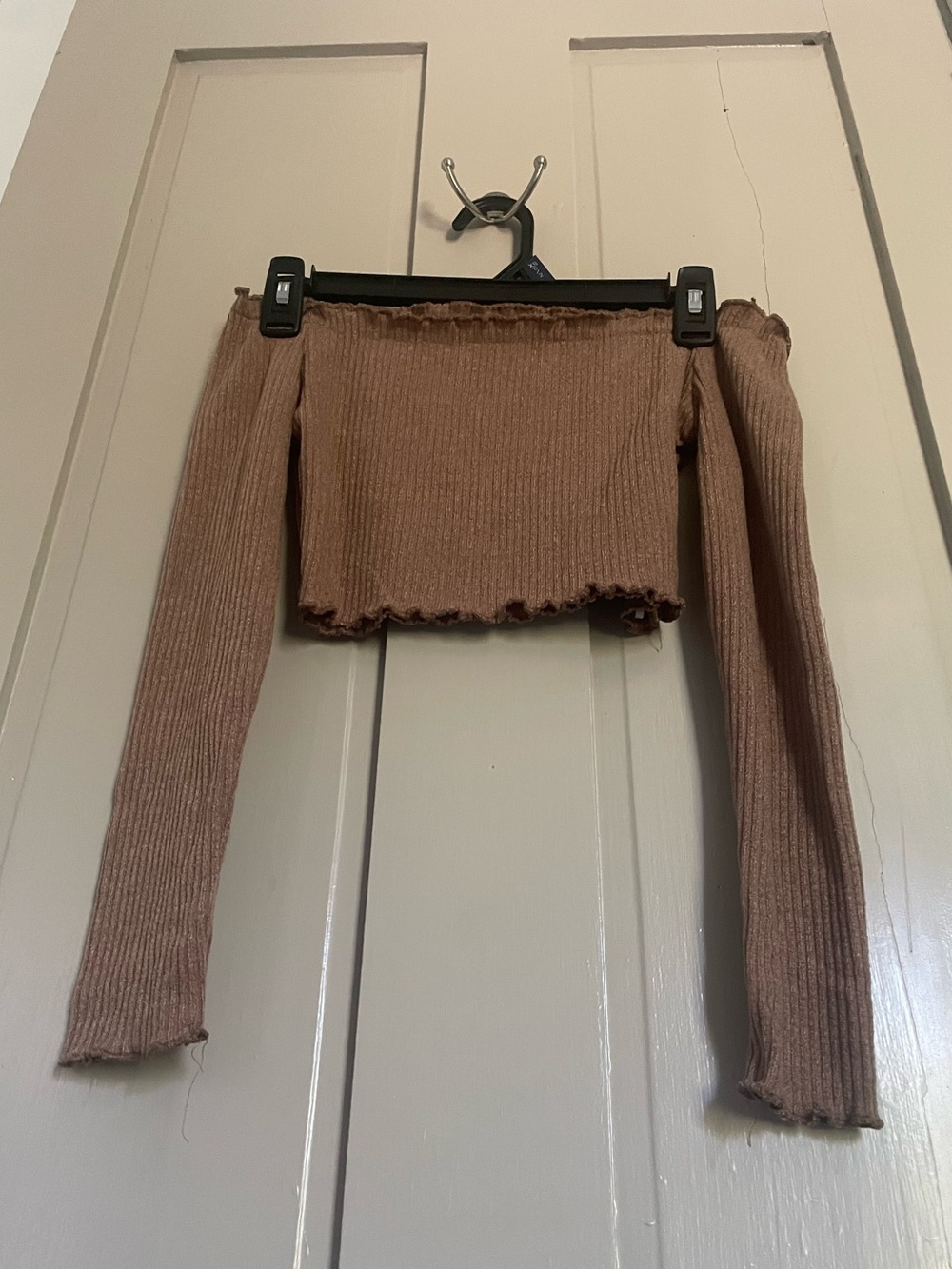 SHEIN Brown Beige Off-Shoulder Ribbed Crop Top Body-con Sexy Summer Longsleeve - Picture 4 of 12